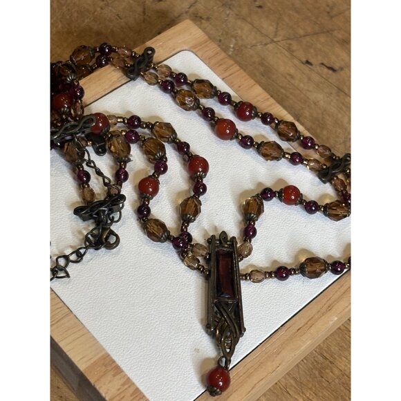 Vintage Multi-Strand Necklace With Red & Amber Beads Bronze Pendant & Chain Intr - Picture 5 of 10
